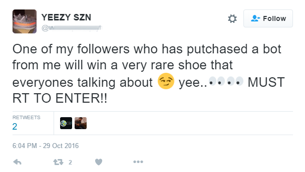 shoe bots used to by shoes, sold on twitter